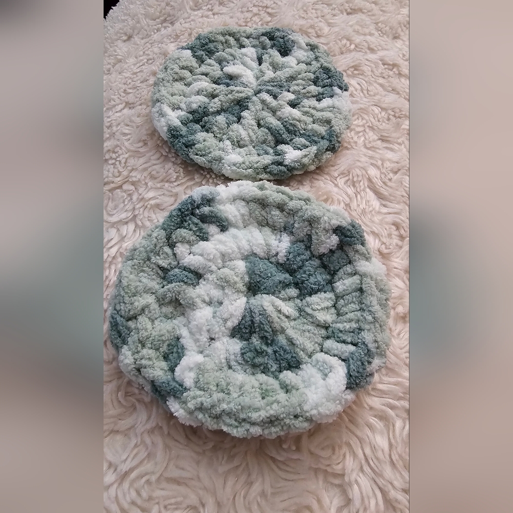 Handmade Set of Two Crochet Chenille Face Scrubbies Variated Sage Green  NWOT